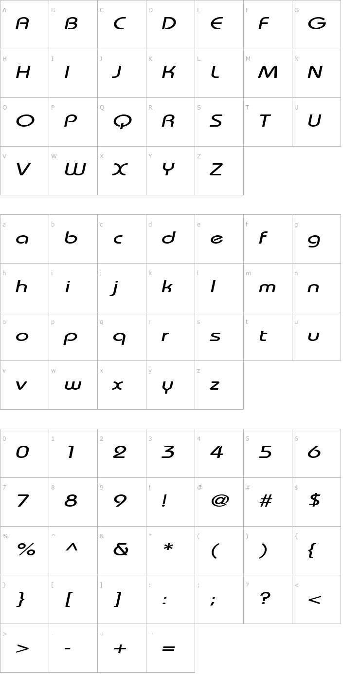 Character Map UniqueExtended Oblique Font