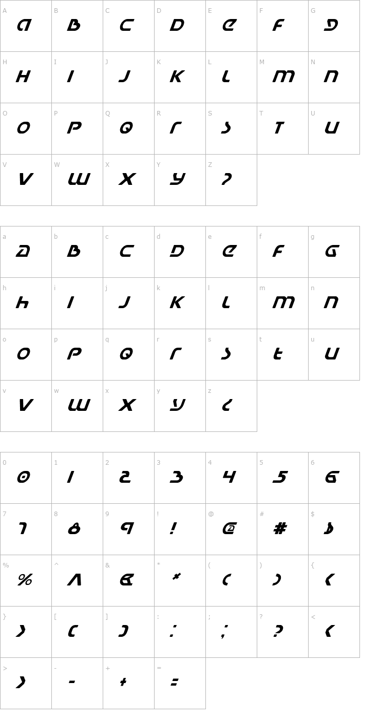 Character Map Universal Jack Italic Font