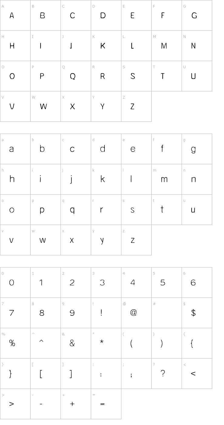 Character Map Unruly Light Font