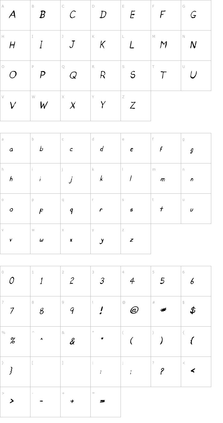 Character Map Untidy Italic Skrawl Font