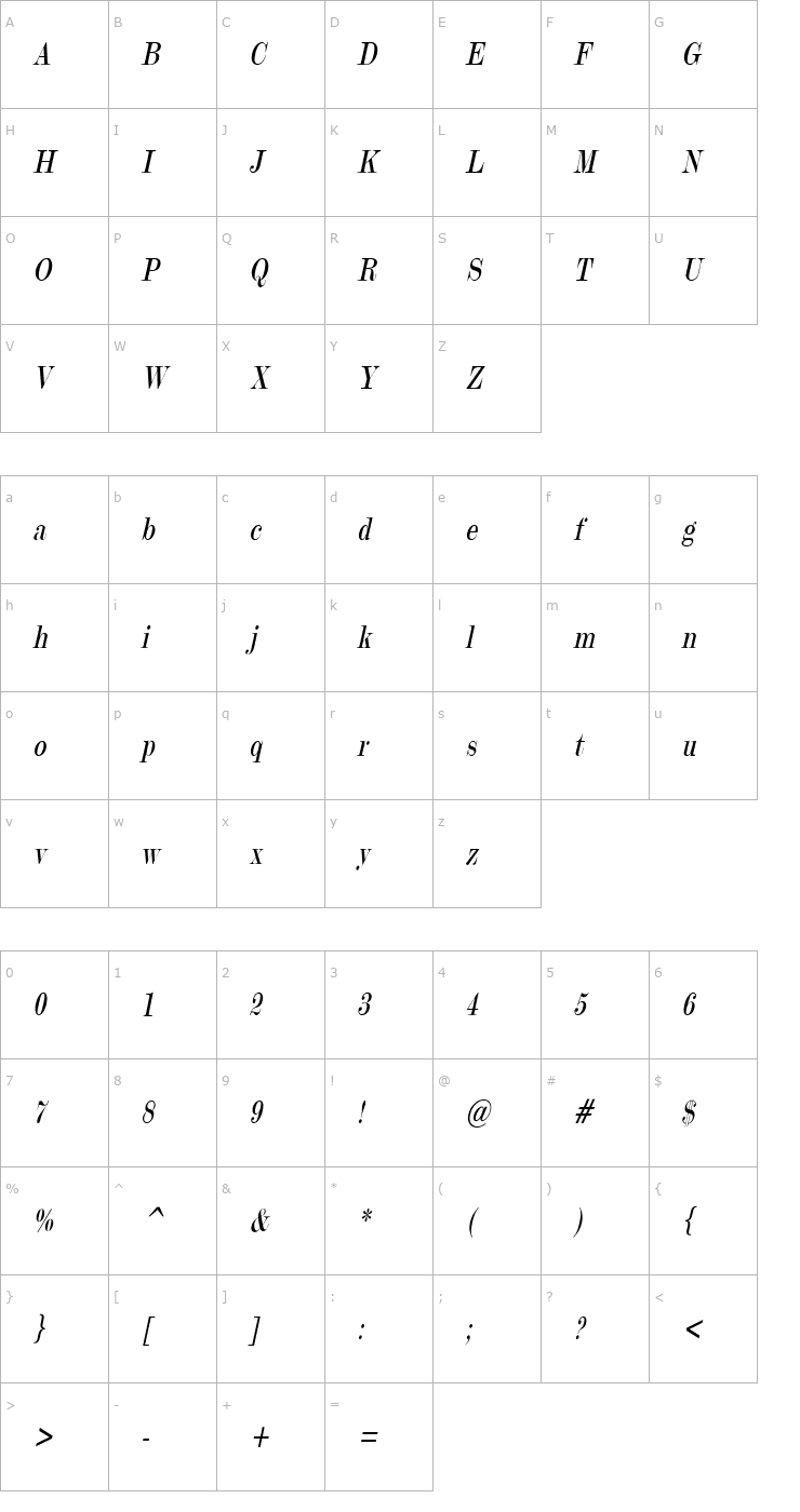 Character Map Update 20 Condensed Italic Font