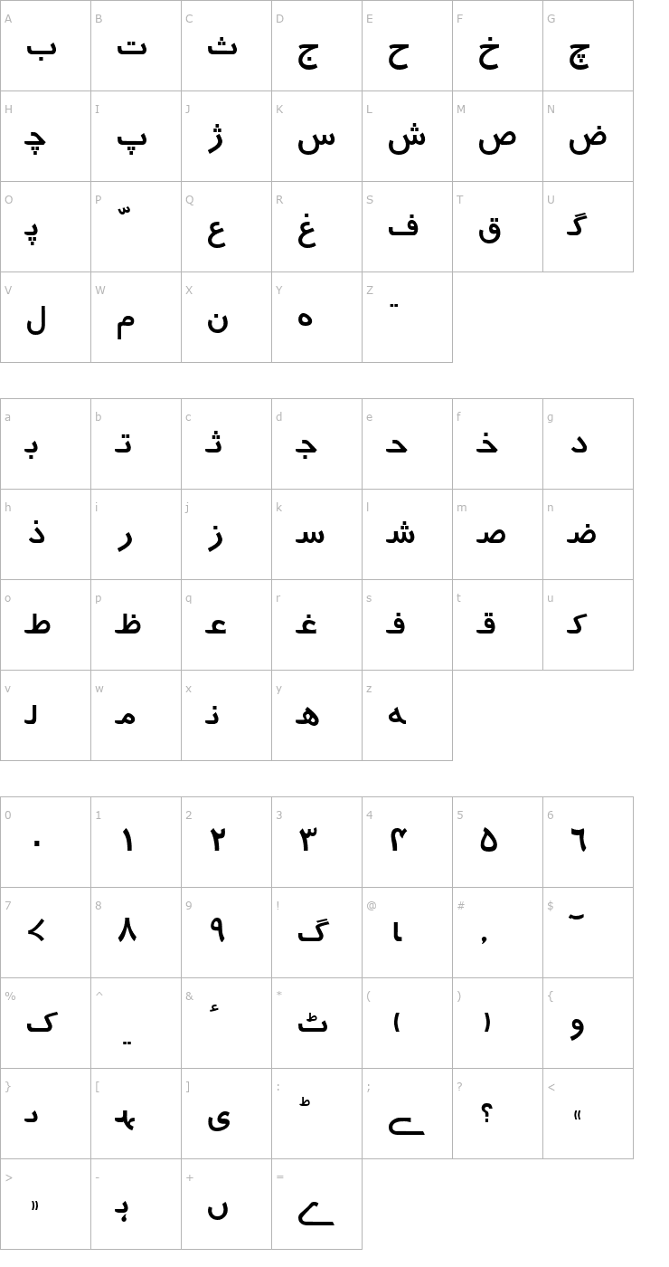Character Map Urdu7TypewriterSSK Font