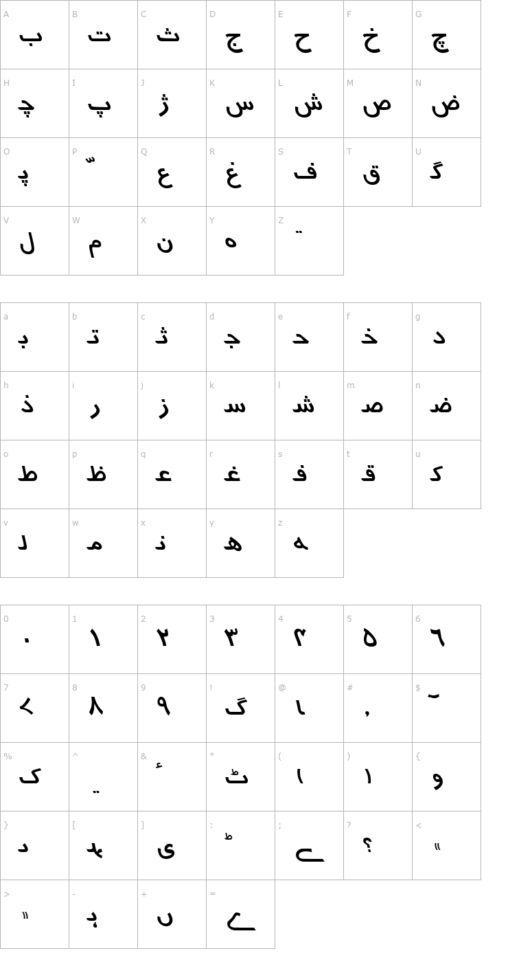 Character Map Urdu7TypewriterSSK Italic Font