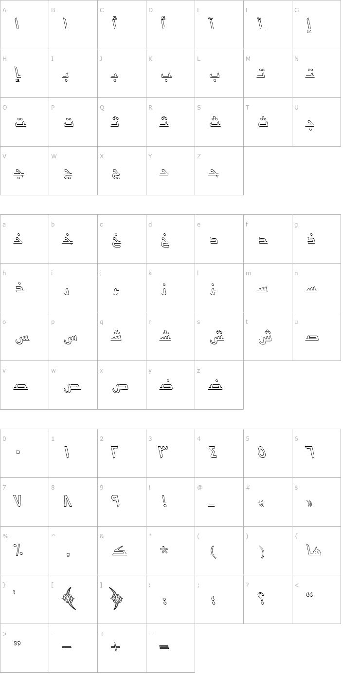Character Map UrduKufiOutlineSSK Italic Font