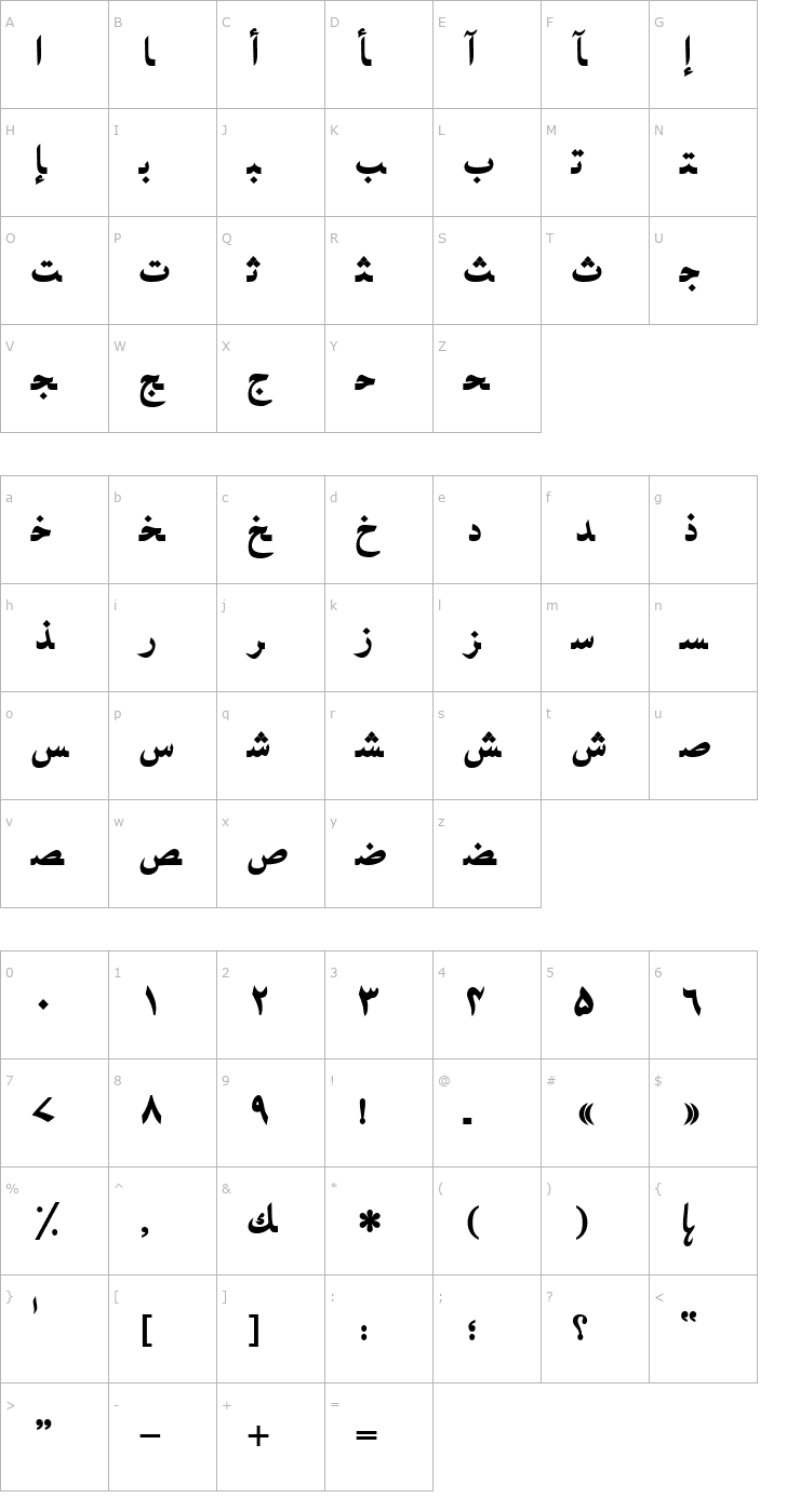 Character Map UrduNaskhSSK Bold Font