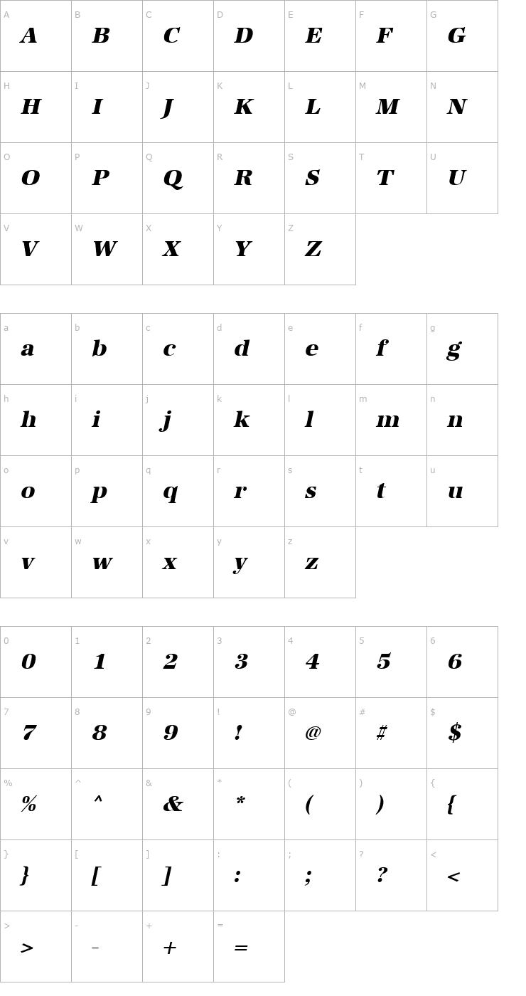 Character Map URWAntiquaTExtBol Oblique Font