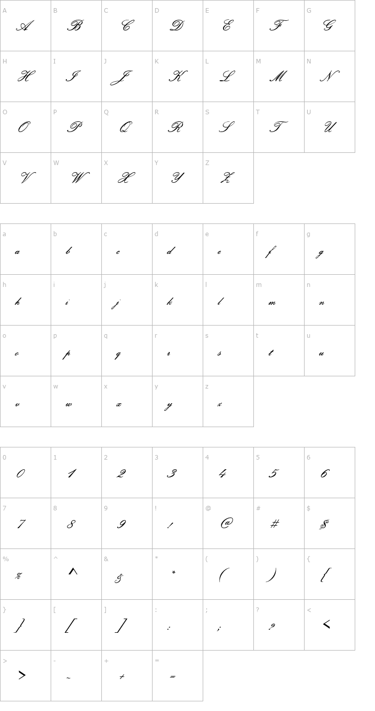 Character Map URWPolluxScrNo2JoiD Font