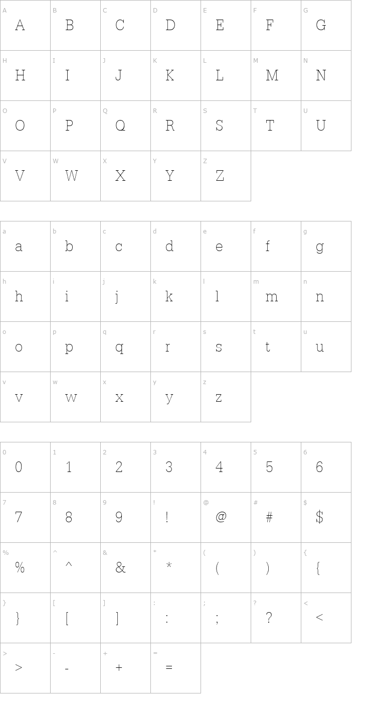 Character Map URWTypewriterTExtLigExtNar Font