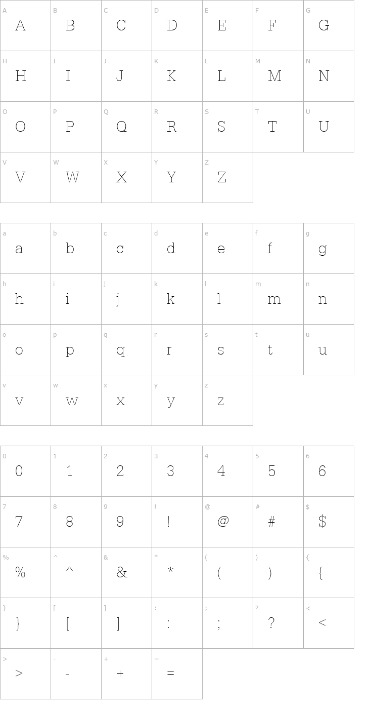 Character Map URWTypewriterTExtLigNar Font