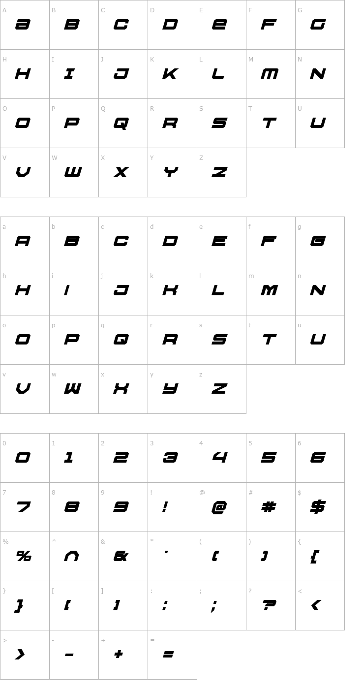 Character Map U.S.S. Dallas Bold Italic Font