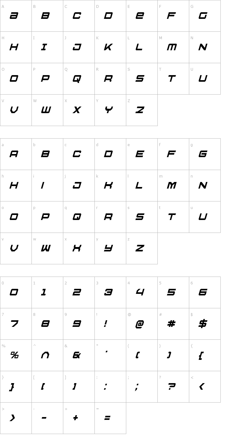 Character Map U.S.S. Dallas Condensed Italic Font