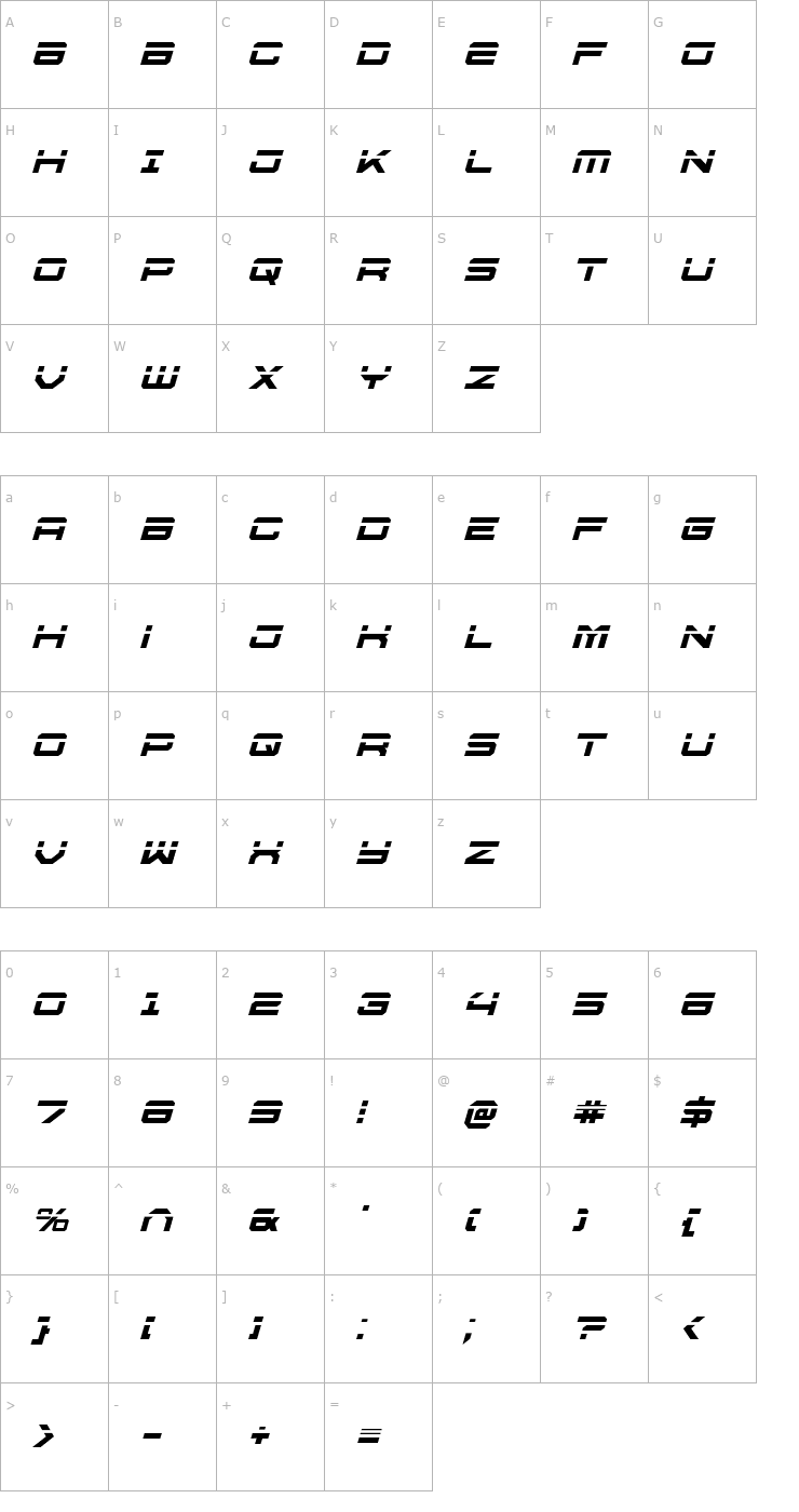 Character Map U.S.S. Dallas Laser Italic Font