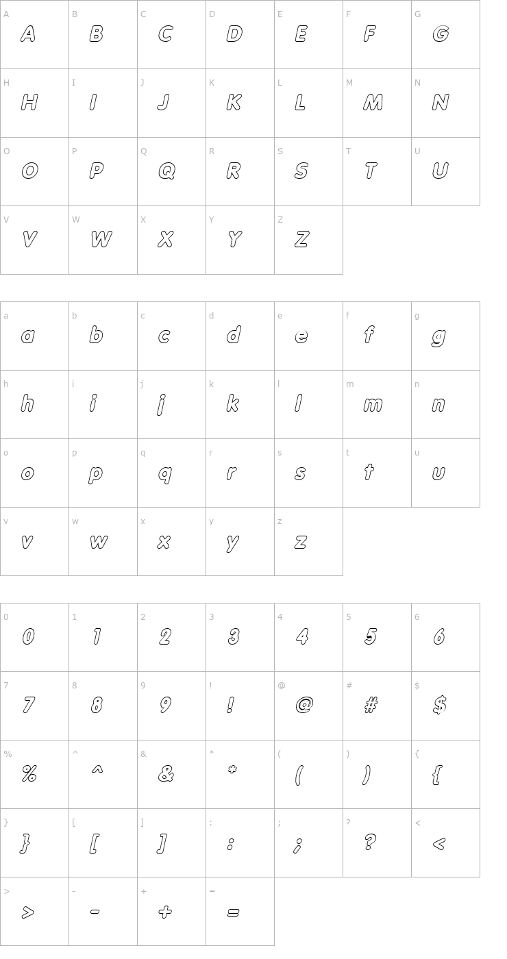 Character Map VagabondOutline Italic Font