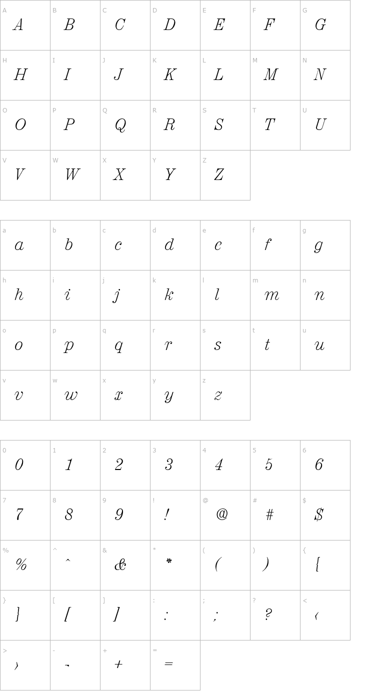 Character Map Valencia-XlightIta Font