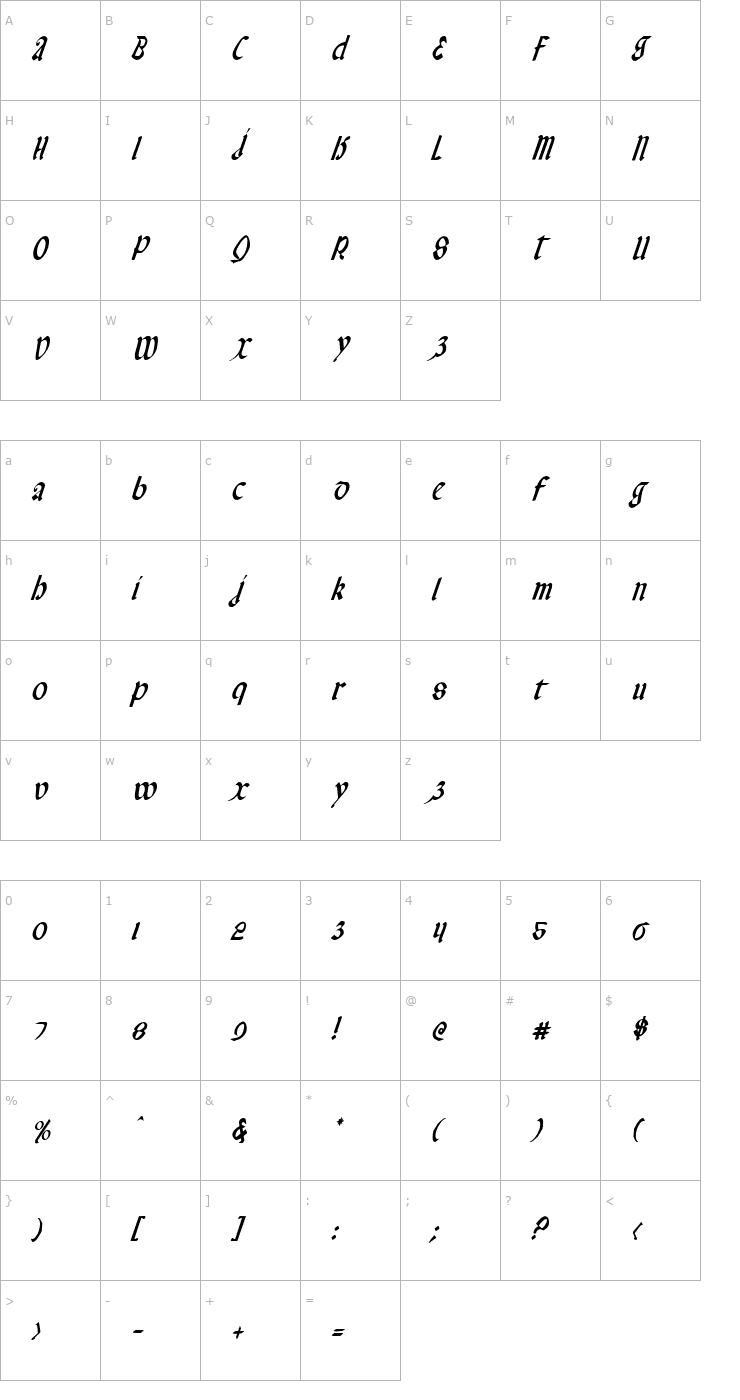 Character Map Valerius Condensed Italic Font