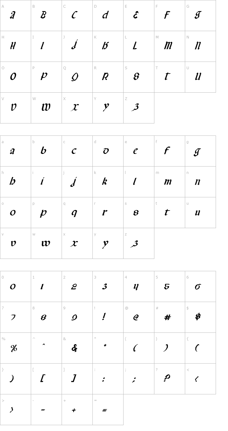 Character Map Valerius Italic Font