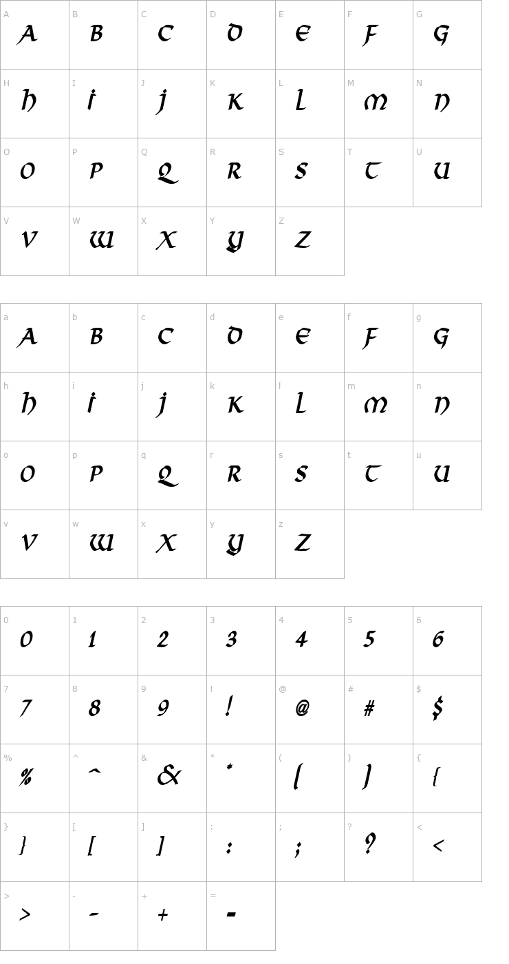 Character Map Valhalla Condensed BoldItalic Font