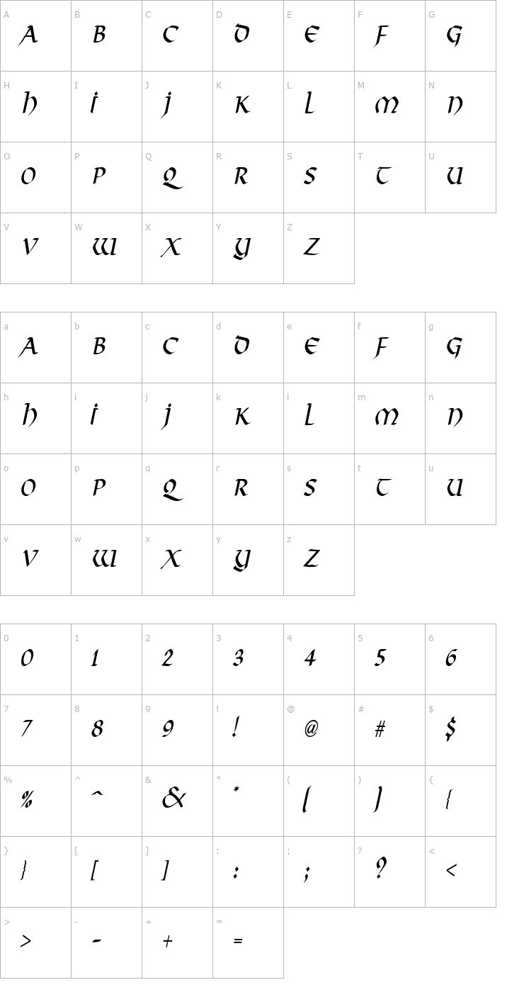 Character Map Valhalla Condensed Italic Font