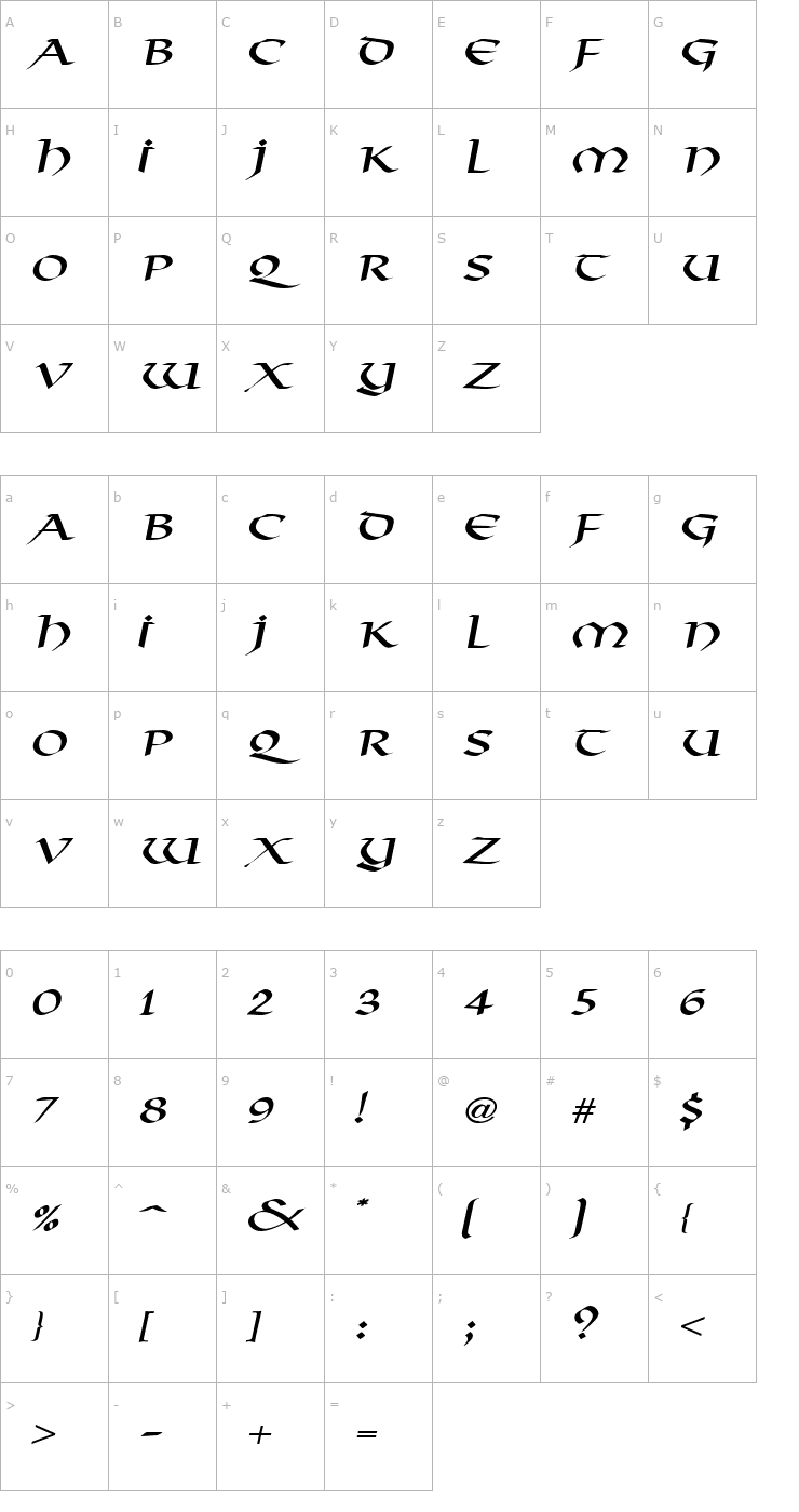 Character Map Valhalla Wide Italic Font