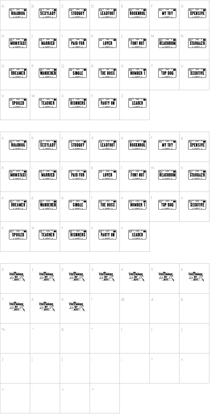 Character Map Vanity Plates JL Font