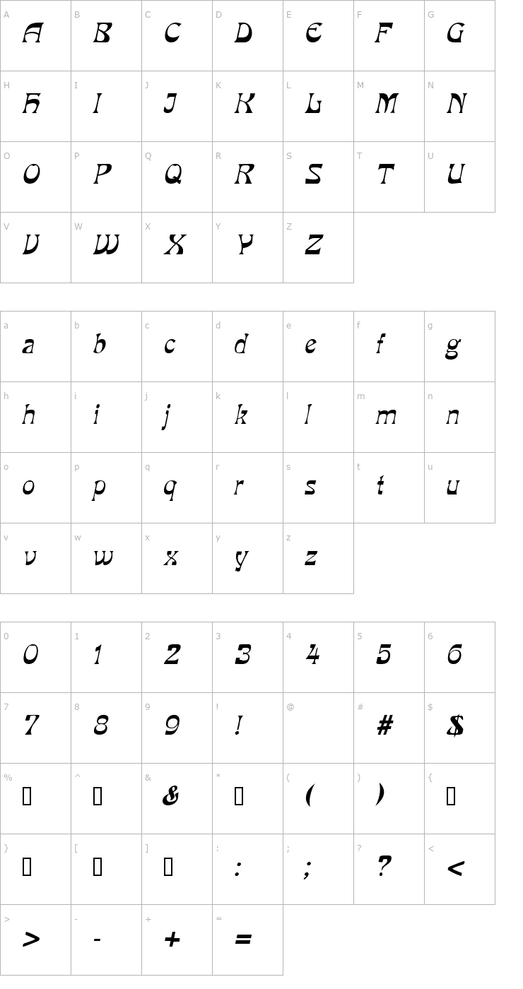 Character Map VanVeen Italic Font