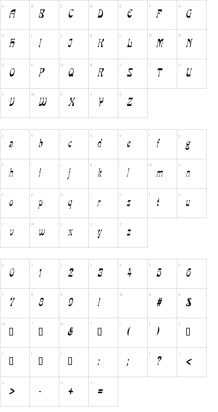 Character Map VanVeenCondensed Italic Font