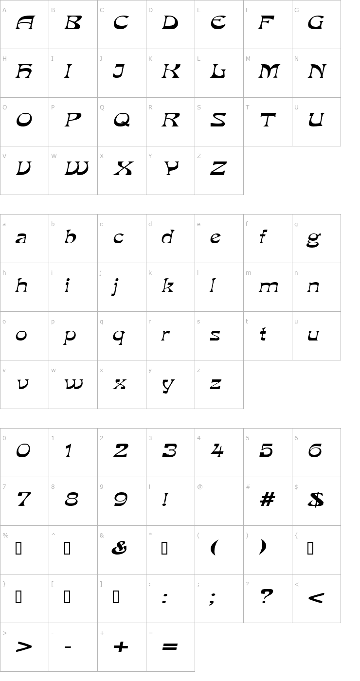 Character Map VanVeenExtended Italic Font