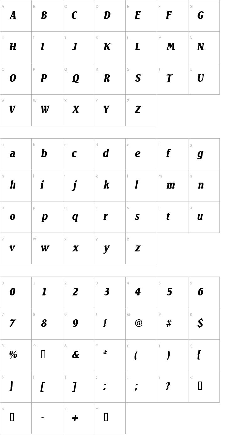 Character Map VarioDisplaySSK Italic Font