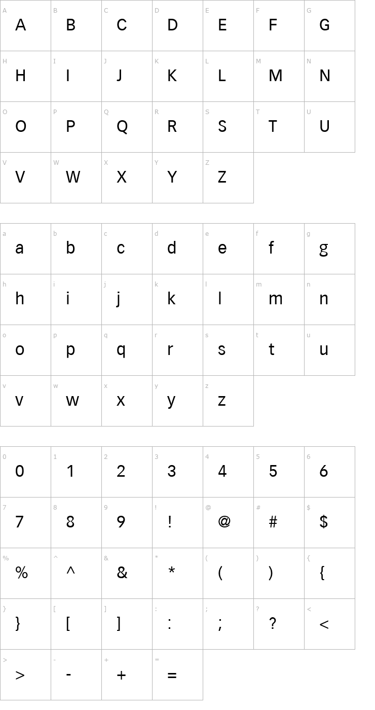 Character Map Vectora LH 55 Roman Font