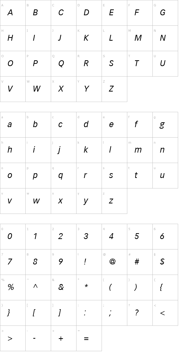 Character Map Vectora LH 56 Italic Font