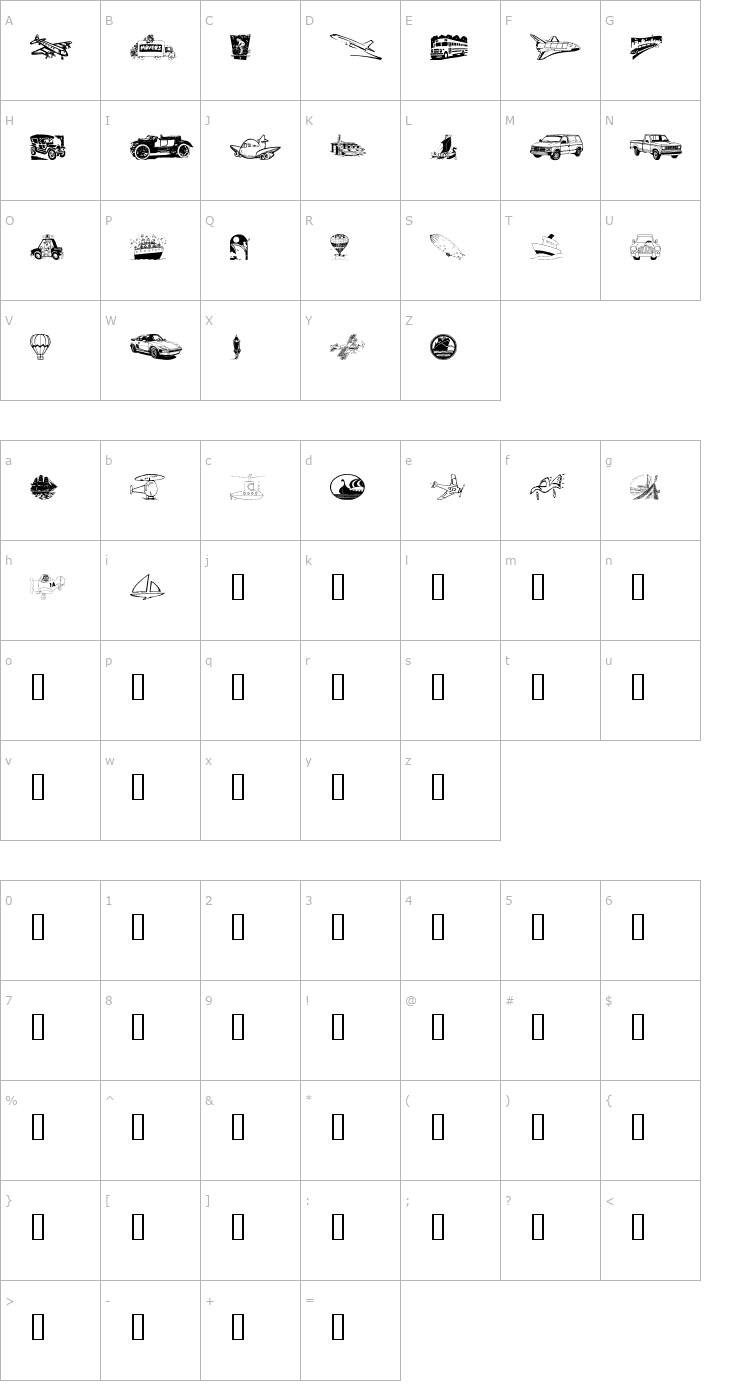 Character Map Vehicular Font