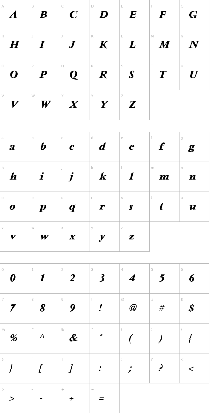 Character Map Vendome ICG BoldItalic Font