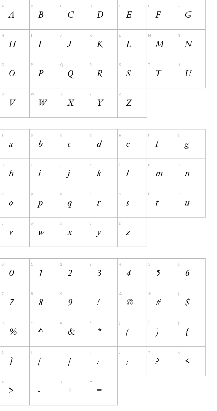 Character Map VendomeT Italic Font
