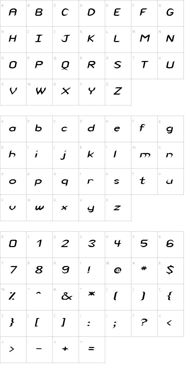 Character Map VenomExtended Oblique Font