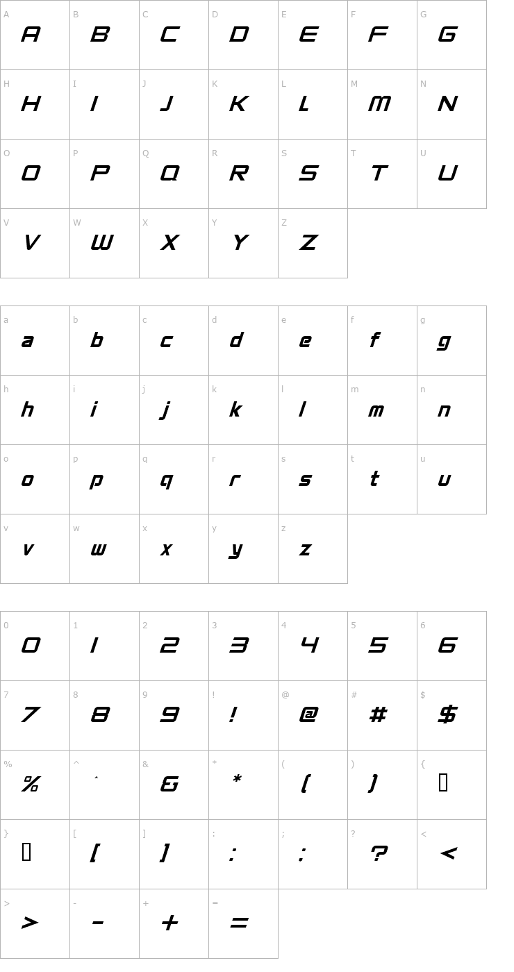 Character Map VentureRegularOblique Font