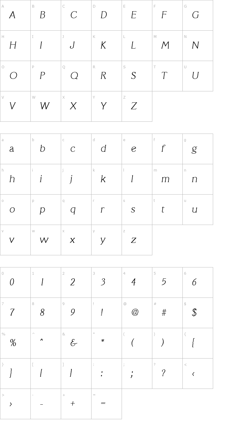 Character Map Veracruz-Serial-ExtraLight-RegularItalic Font