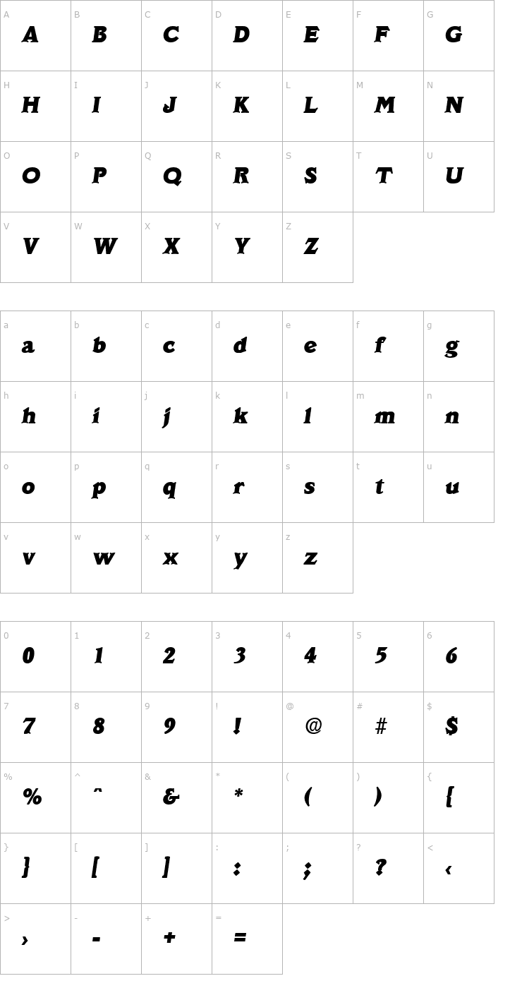 Character Map Veracruz-Serial-Heavy-RegularItalic Font