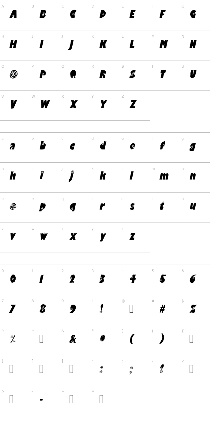 Character Map Vertigo Oblique Font