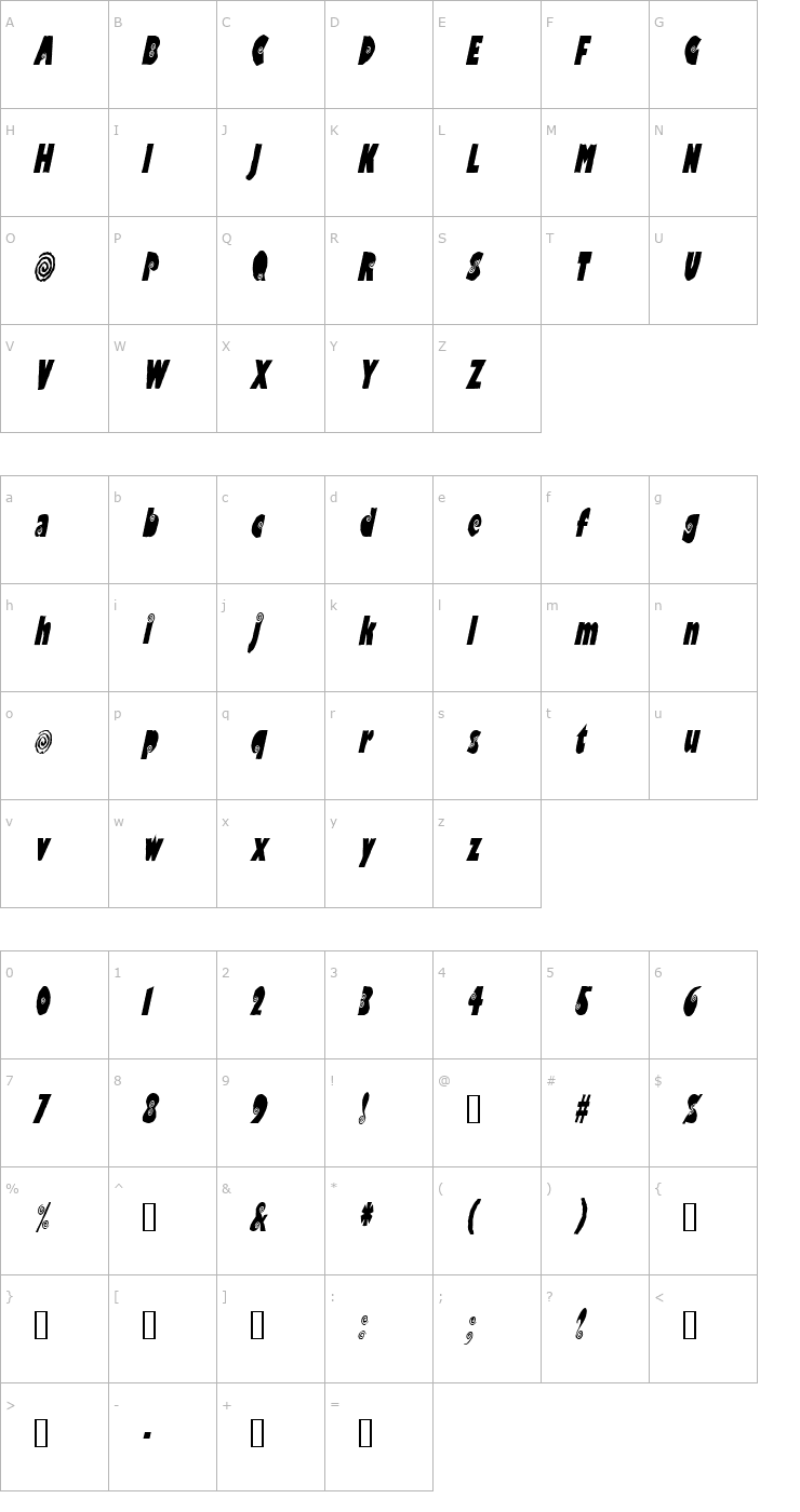 Character Map VertigoCondensed Oblique Font