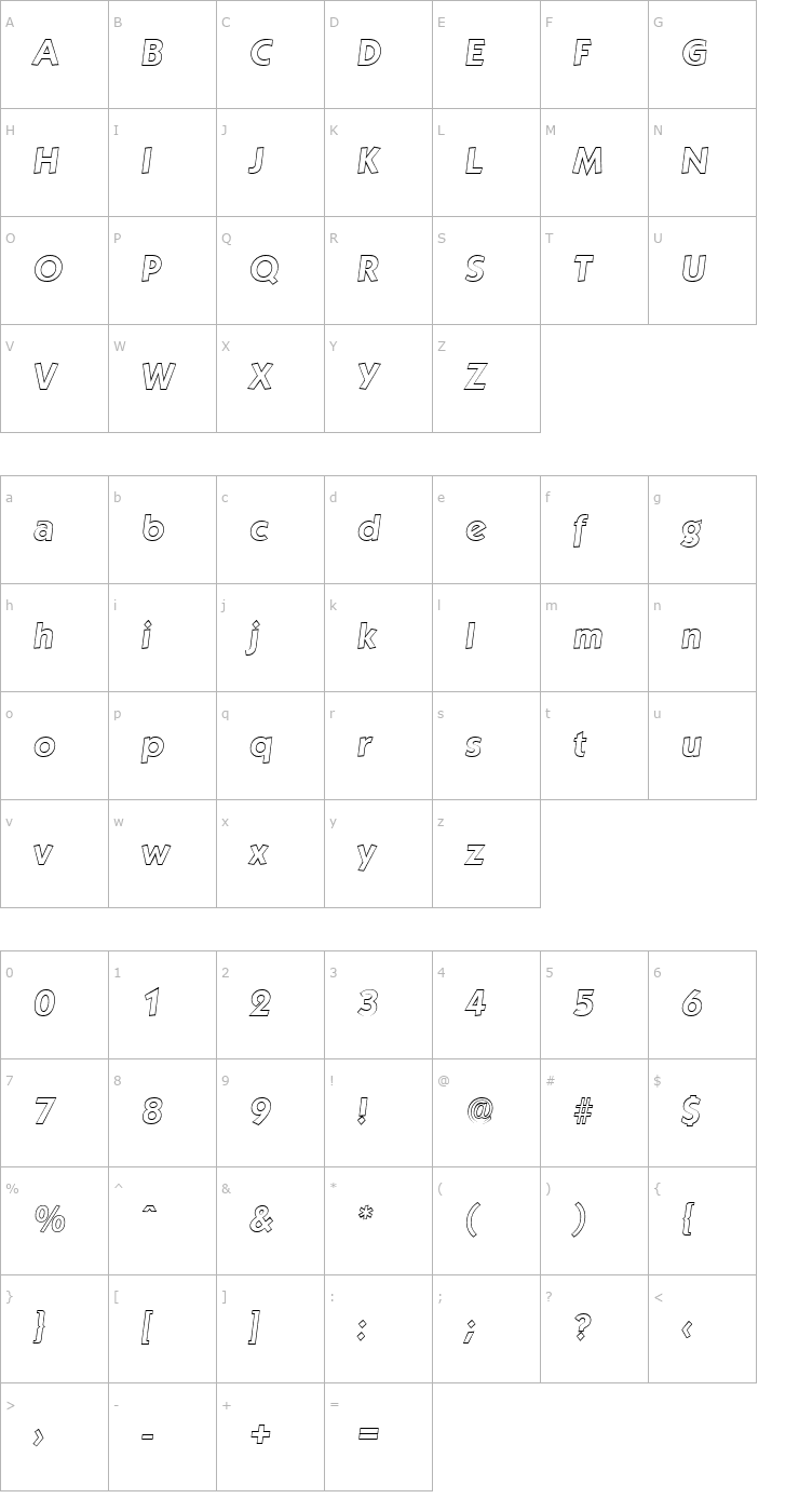 Character Map VictorBeckerOutline-BoldItalic Font