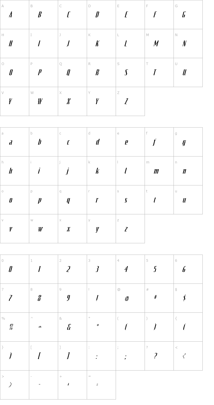 Character Map VideoCondSSK Italic Font