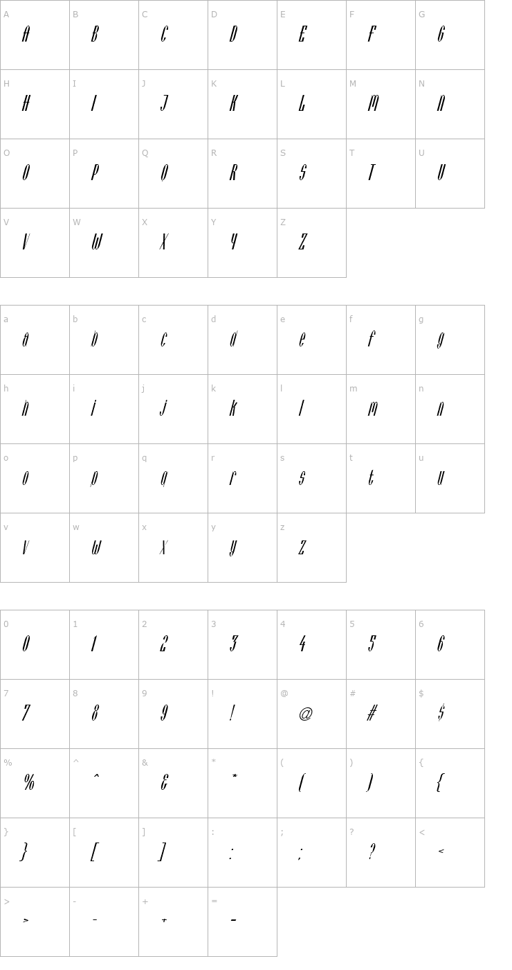 Character Map Vienese Italic Font