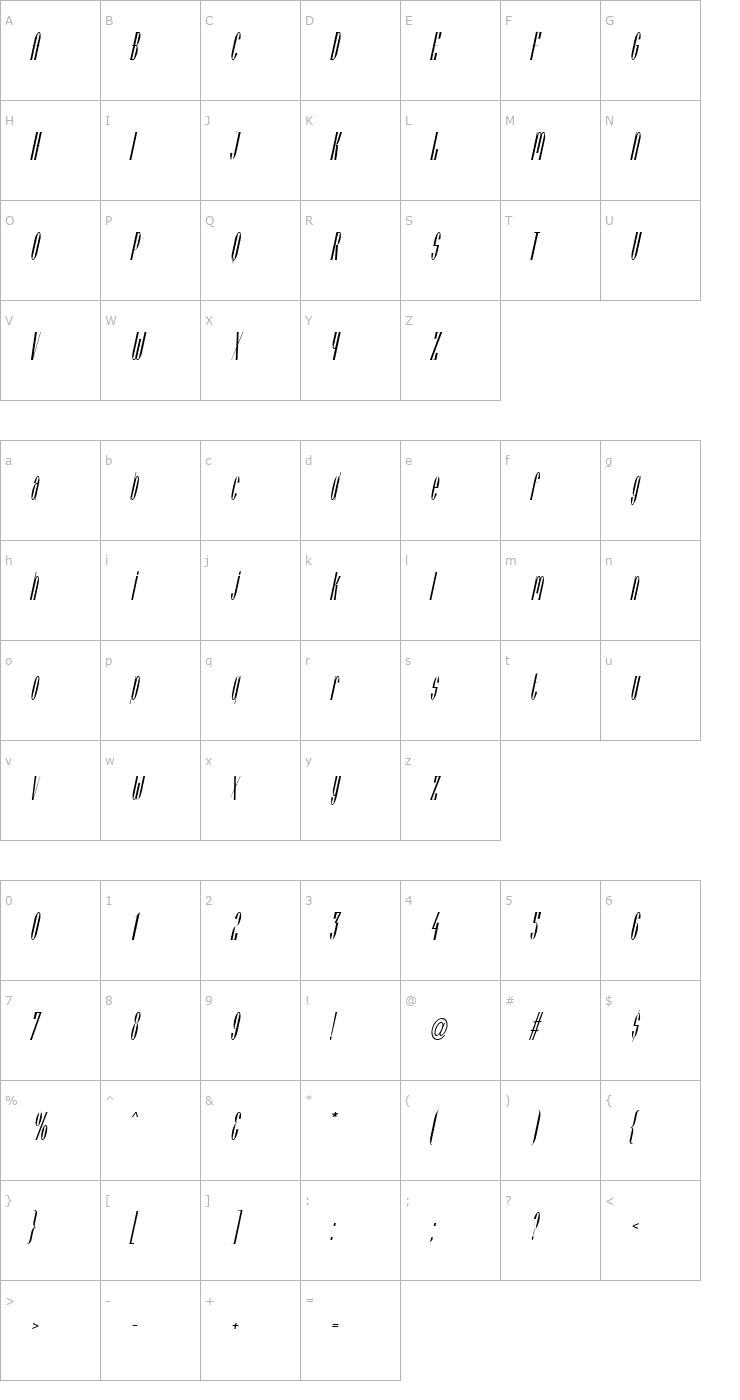 Character Map VieneseCondensed Italic Font