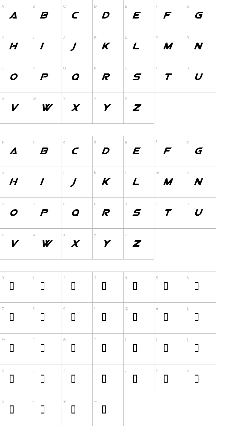 Character Map Viper Squadron Solid Italic Font