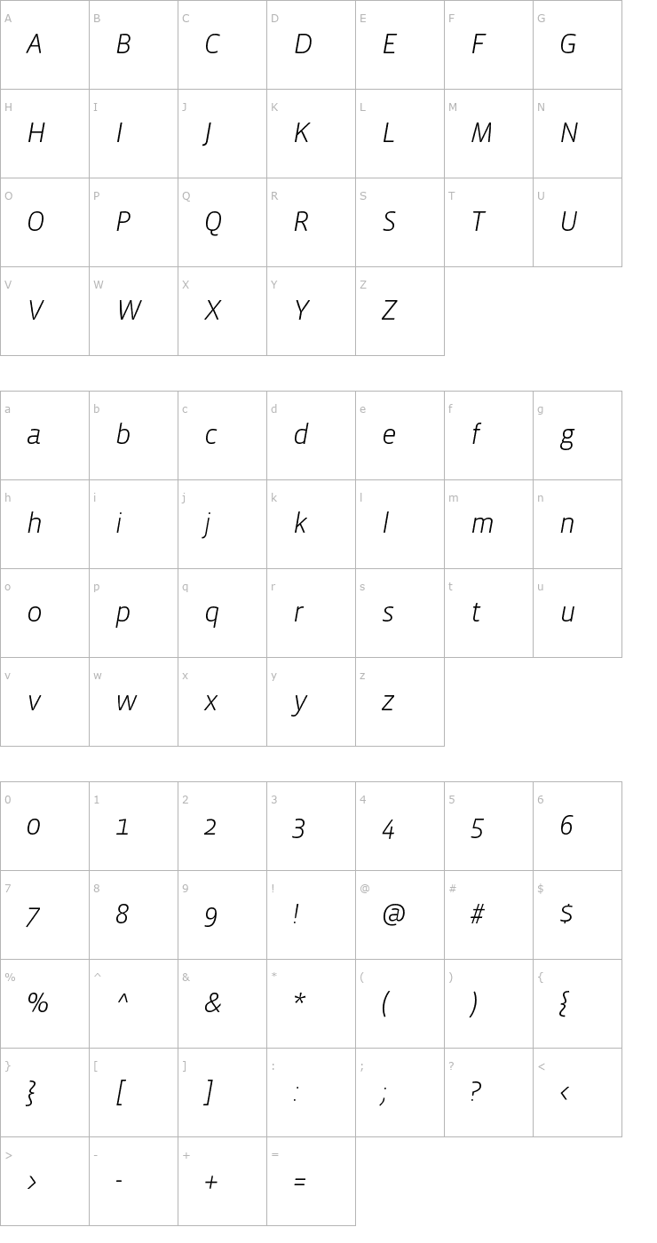 Character Map VistaSansLightItalic Font