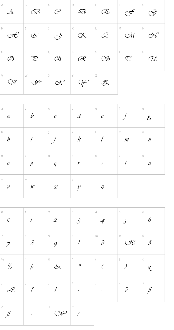 Character Map Vivaldi LET Plain1.0 Font