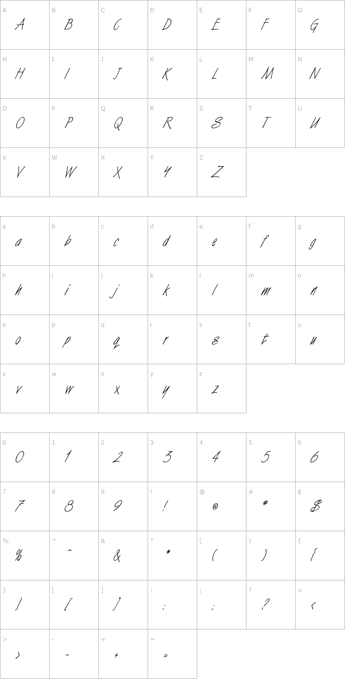Character Map Vizier Condensed Italic Font