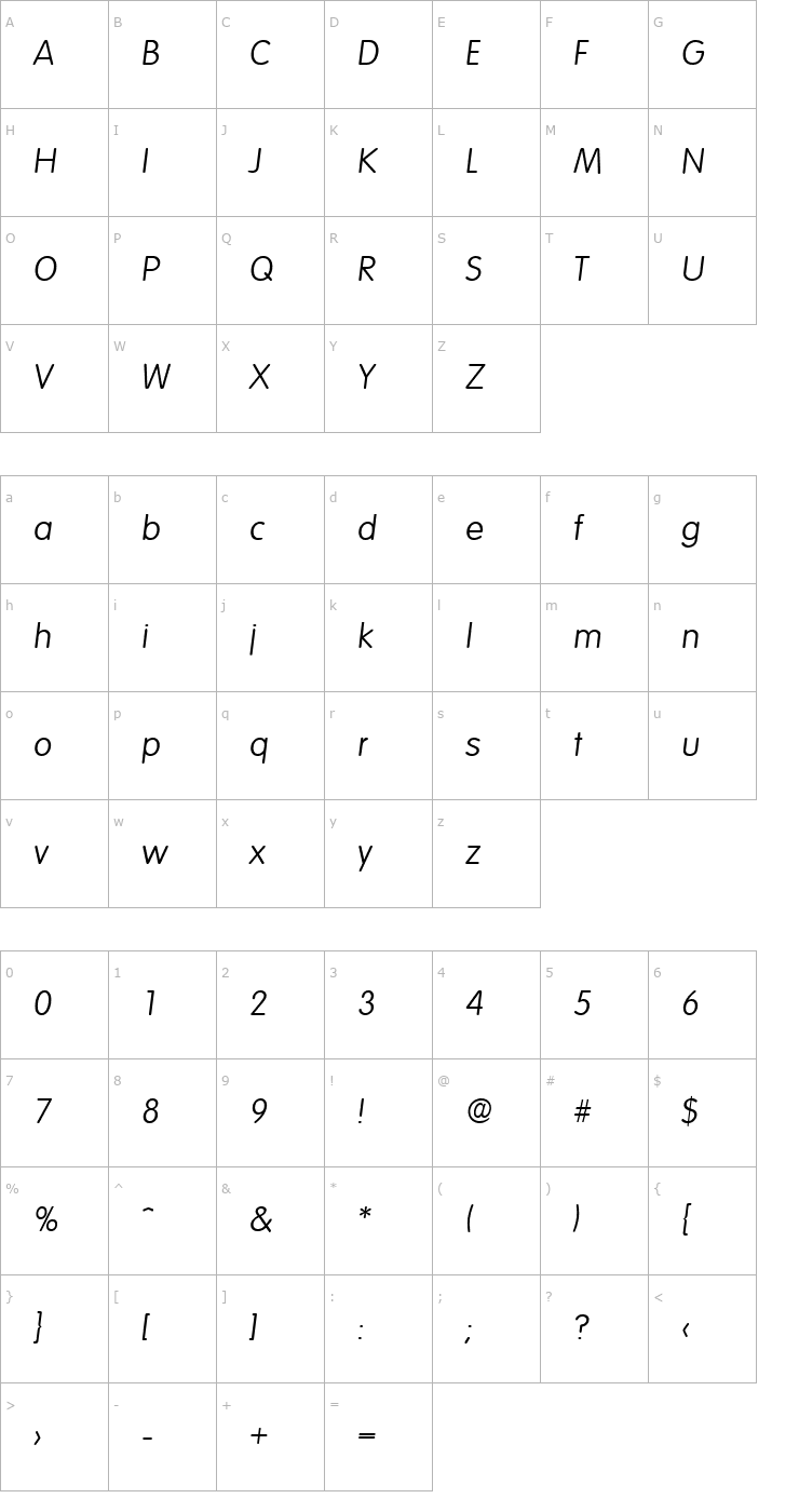 Character Map Volkswagen-Serial-Light-RegularItalic Font