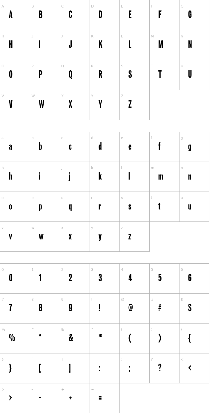 Character Map Vonnes-ExboldCompressed Font