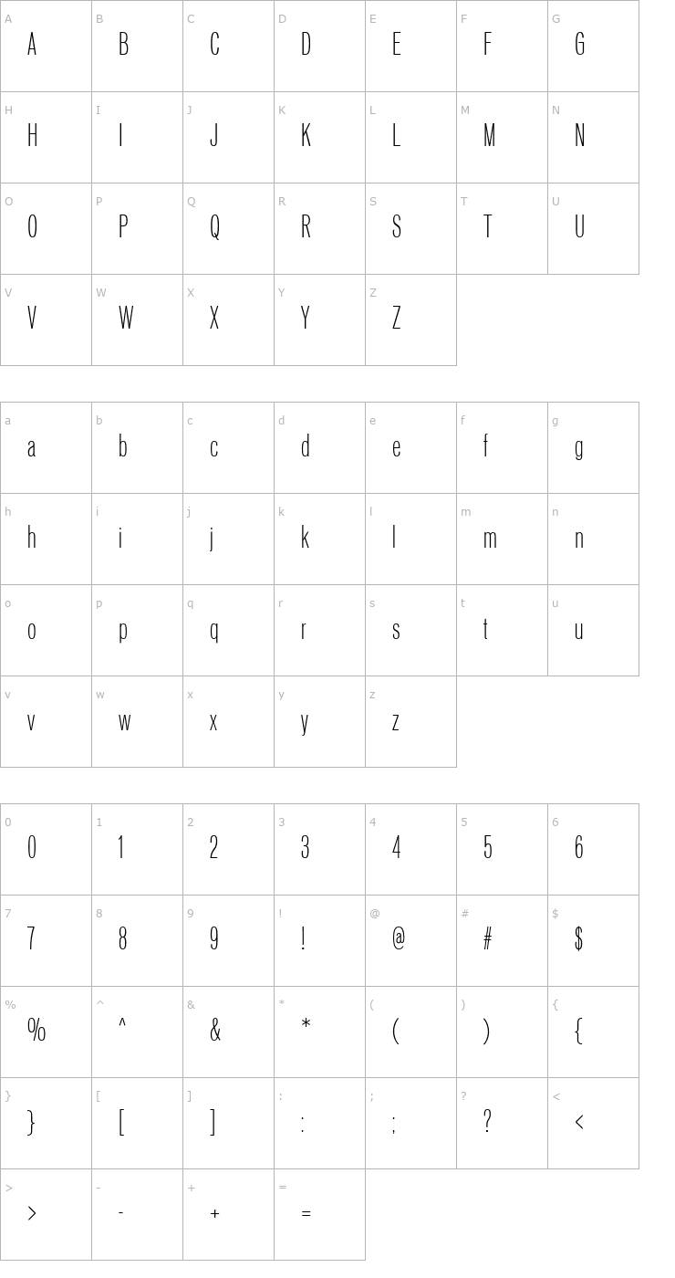 Character Map Vonnes-LightCompressed Font